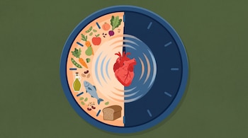 Reloj con una mitad llena de alimentos como verduras, pescado y pan, y otra mitad azul oscura, con un corazón latiendo en el centro.