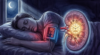 Ilustración de una persona durmiendo con un tensiómetro en el brazo junto a una gráfica de un riñón con un reloj en su interior.