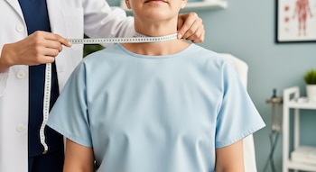 Primer plano de un profesional de la salud midiendo la circunferencia del cuello de un paciente adulto con una cinta métrica en un entorno clínico.