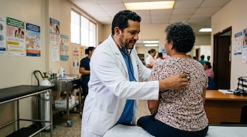 Un médico con bata blanca y estetoscopio examina la espalda de una mujer sentada en una sala médica.