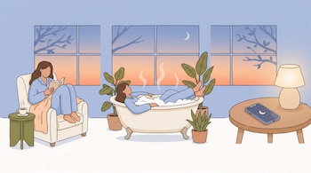 Ilustración de una persona leyendo en un sillón, bañándose en una tina y dejando un teléfono sobre una mesa frente a tres ventanas.