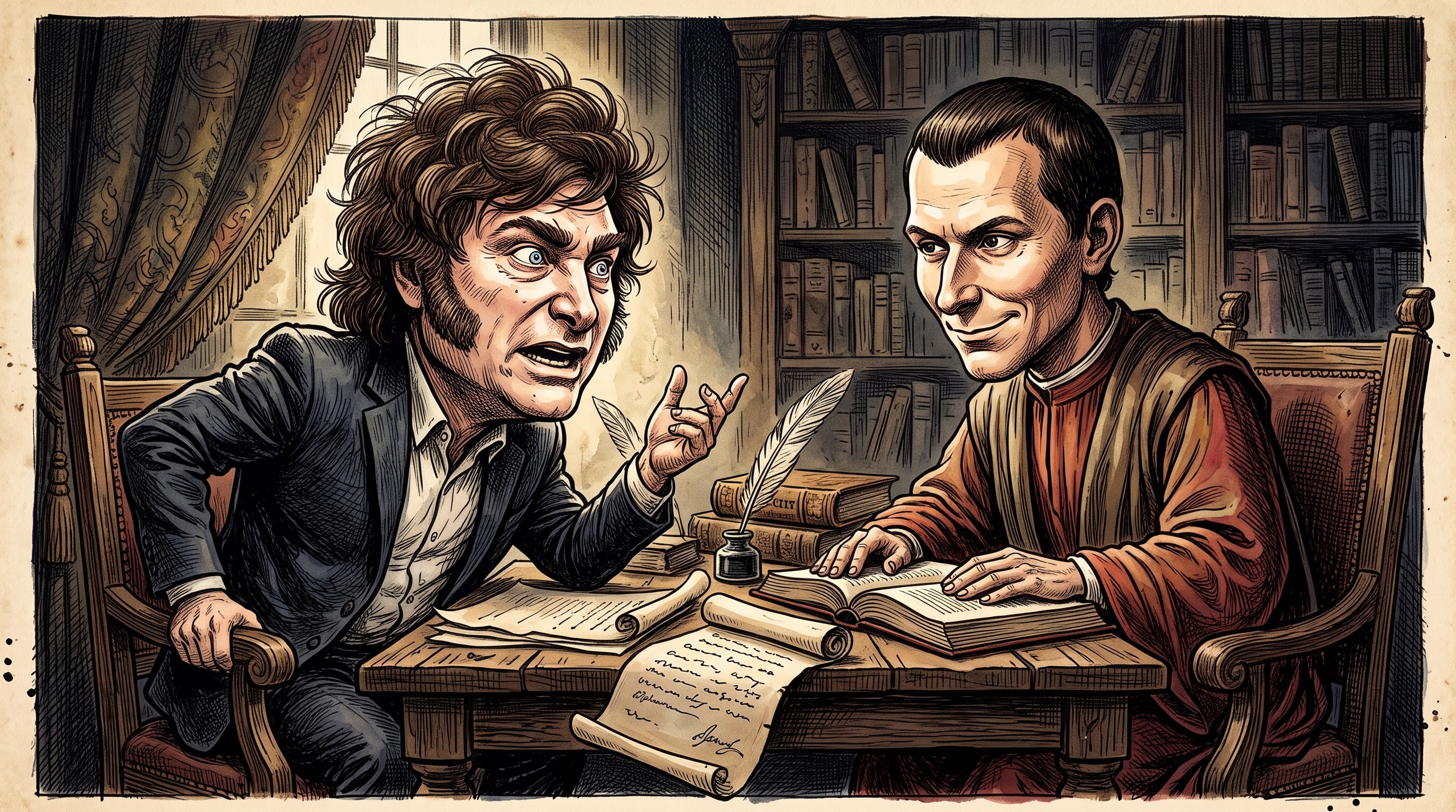 Una caricatura sitúa a Javier Milei en un debate político junto al filósofo Nicolás Maquiavelo. (Imagen Ilustrativa Infobae)