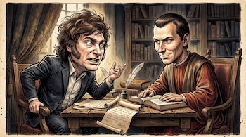 Una caricatura satírica sitúa a Javier Milei en un debate político junto al filósofo Nicolás Maquiavelo.