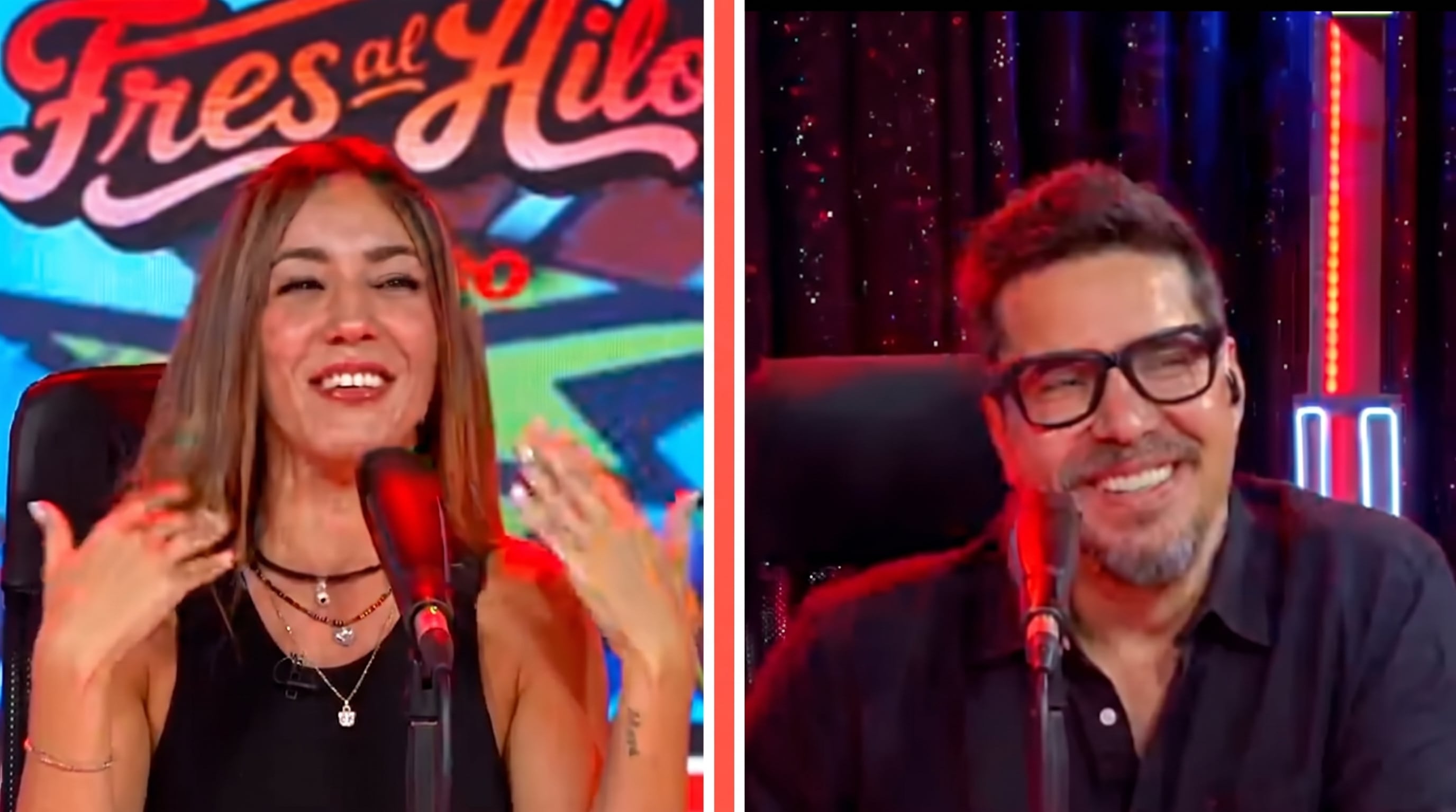 Tilsa Lozano gesticula al hablar en un set de grabación mientras Gabriel Calvo sonríe frente al micrófono. (Imagen Ilustrativa Infobae)