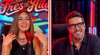 Imagen dividida de Tilsa Lozano gesticulando y Gabriel Calvo sonriendo con anteojos, ambos frente a micrófonos.