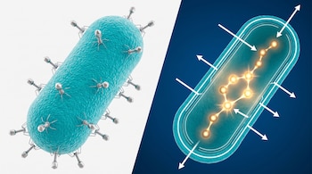 Ilustración dividida de una bacteria turquesa cubierta de bacteriófagos plateados y su corte interno con nodos dorados brillantes y flechas blancas.