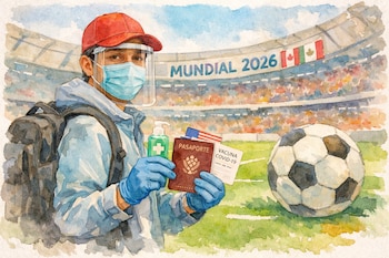 Pintura de acuarela de un viajero con mascarilla, protector facial y guantes, sujetando un pasaporte y tarjeta de vacuna COVID-19. Fondo de estadio de fútbol con balón.