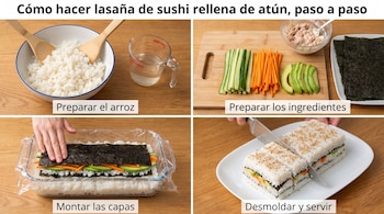 Cuatro paneles muestran la elaboración de lasaña de sushi con arroz, atún, pepino, zanahoria y aguacate, incluyendo la mezcla, el montaje y el corte.