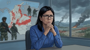 Una mujer de cabello oscuro y gafas mira con preocupación. Detrás, un mapa de Colombia con áreas rojas y soldados, y una ventana mostrando fuego y humo en un paisaje montañoso.