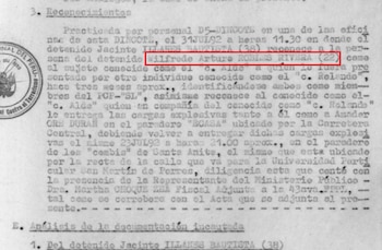 Documento oficial en blanco y negro con texto. Contiene el nombre Wilfredo Arturo Robles Rivera (22) resaltado en rojo, el alias "c. Aldo" y la sigla PCP-SL