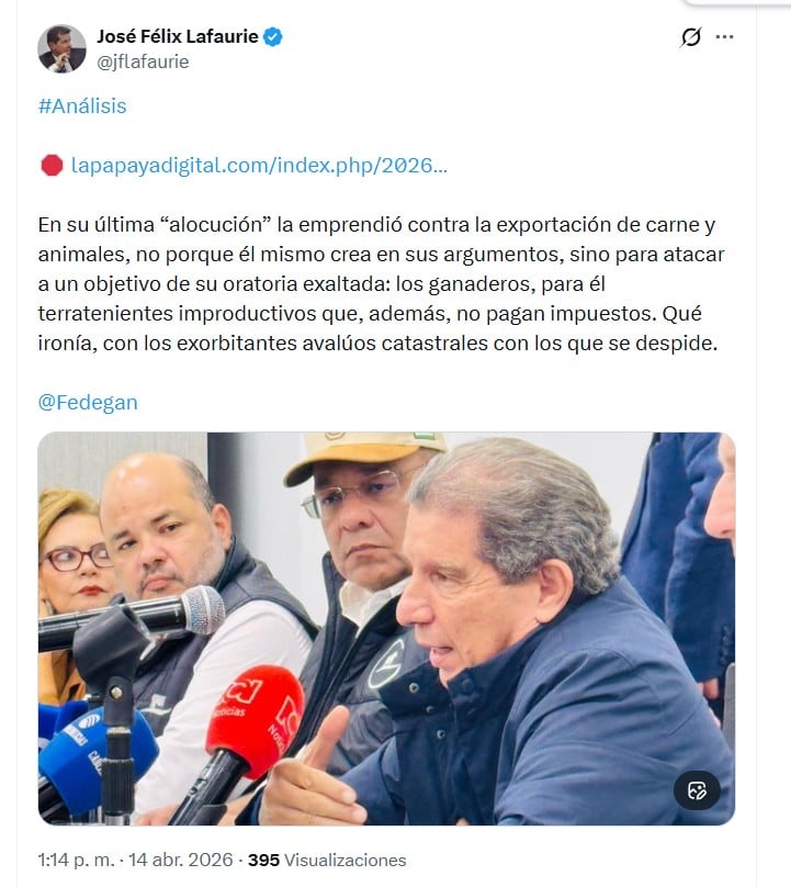José Félix Lafaurie cuestionó el enfoque del presidente Gustavo Petro sobre las exportaciones de carne y ganado - crédito @jflafaurie/X