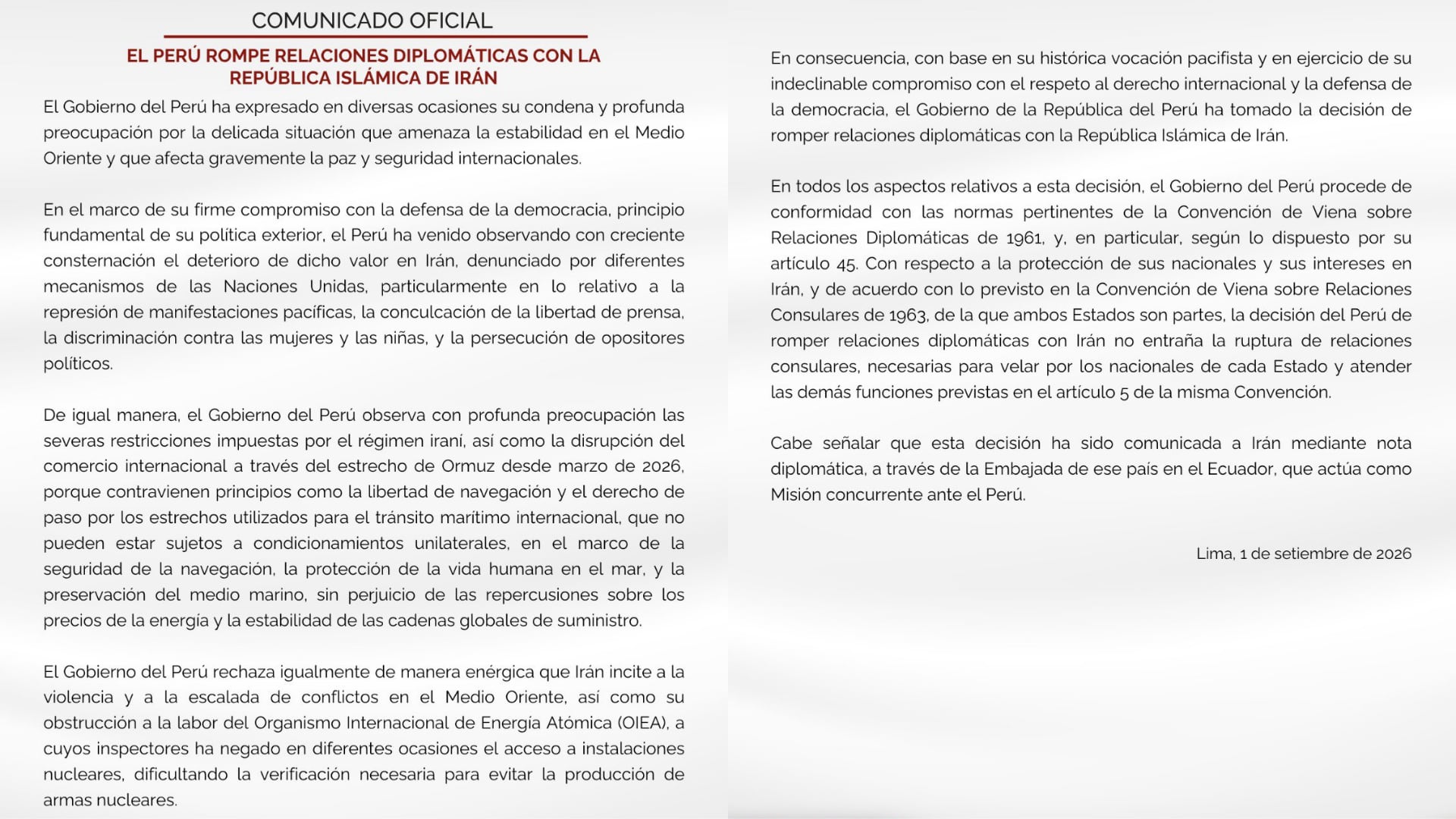 El Ministerio de Relaciones Exteriores del Perú oficializó la ruptura de relaciones diplomáticas con Irán mediante un comunicado emitido el 1 de septiembre de 2026 en Lima. (X/@Cancillería)