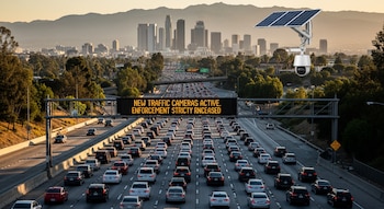 Vista aérea de una autopista congestionada con vehículos en Los Ángeles al atardecer, un cartel electrónico y una cámara solar. Edificios en el fondo.