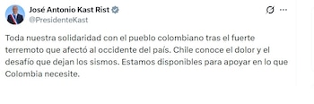 José Antonio Kast, presidente de Chile, dijo que "estamos disponibles para apoyar en lo que Colombia necesite" - crédito @PresidenteKast/X