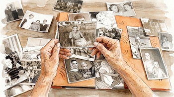 Ilustración de acuarela de dos manos con pecas sosteniendo una foto antigua en blanco y negro, con más fotos dispersas y un álbum abierto sobre una mesa.
