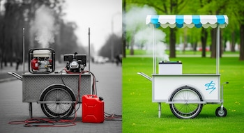 Carrito de comida dividido. Izquierda: generador a gasolina humeante, bidón rojo, cables en suelo gris. Derecha: batería eléctrica, toldo, en césped verde.