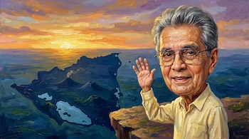 Caricatura al óleo de Alejandro Serrano Caldera, un hombre mayor con gafas y camisa clara, saludando frente a un paisaje montañoso al atardecer.