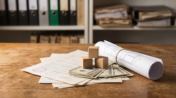 Pila de billetes de dólares estadounidenses, documentos oficiales, tres bloques de construcción de madera y un plano arquitectónico enrollado sobre una mesa de madera.