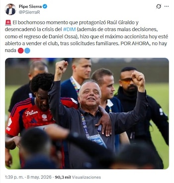 A raíz de los polémicos gestos de Raúl Giraldo contra la hinchada del DIM y la reacción de la hinchada en el partido ante Flamengo, la familia del principal accionista le habría pedido vender su participación accionario en el club - crédito @PSierraR/X