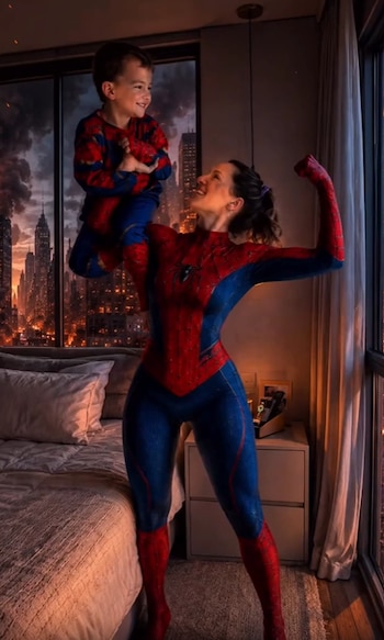Como cierre de video, Mica le sumó una imagen de ambos, vestidos como Spiderman, generado con inteligencia artificial