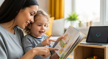 Primer plano de una madre sonriente leyendo un libro ilustrado a su hijo de tres años. Ambos señalan el libro. A la derecha, una tableta apagada.
