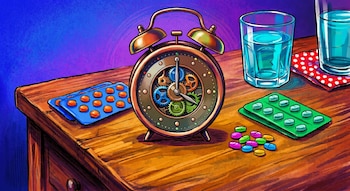 Un reloj despertador con engranajes visibles, blísteres de pastillas naranjas y azules, y pastillas sueltas de colores sobre una mesita de madera junto a vasos de agua