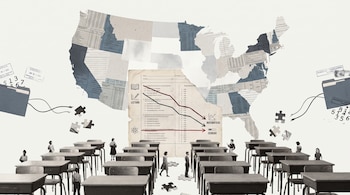Collage con un mapa de Estados Unidos, un examen con gráficas descendentes, piezas de rompecabezas, cables cortados y un aula con pupitres.
