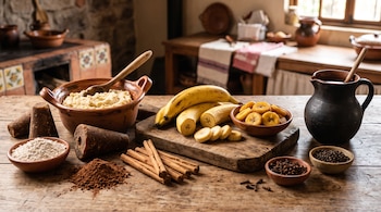 Plátanos, masa de maíz, piloncillo, cacao en polvo, canela, especias y recipiente de barro dispuestos sobre una mesa rústica de madera.