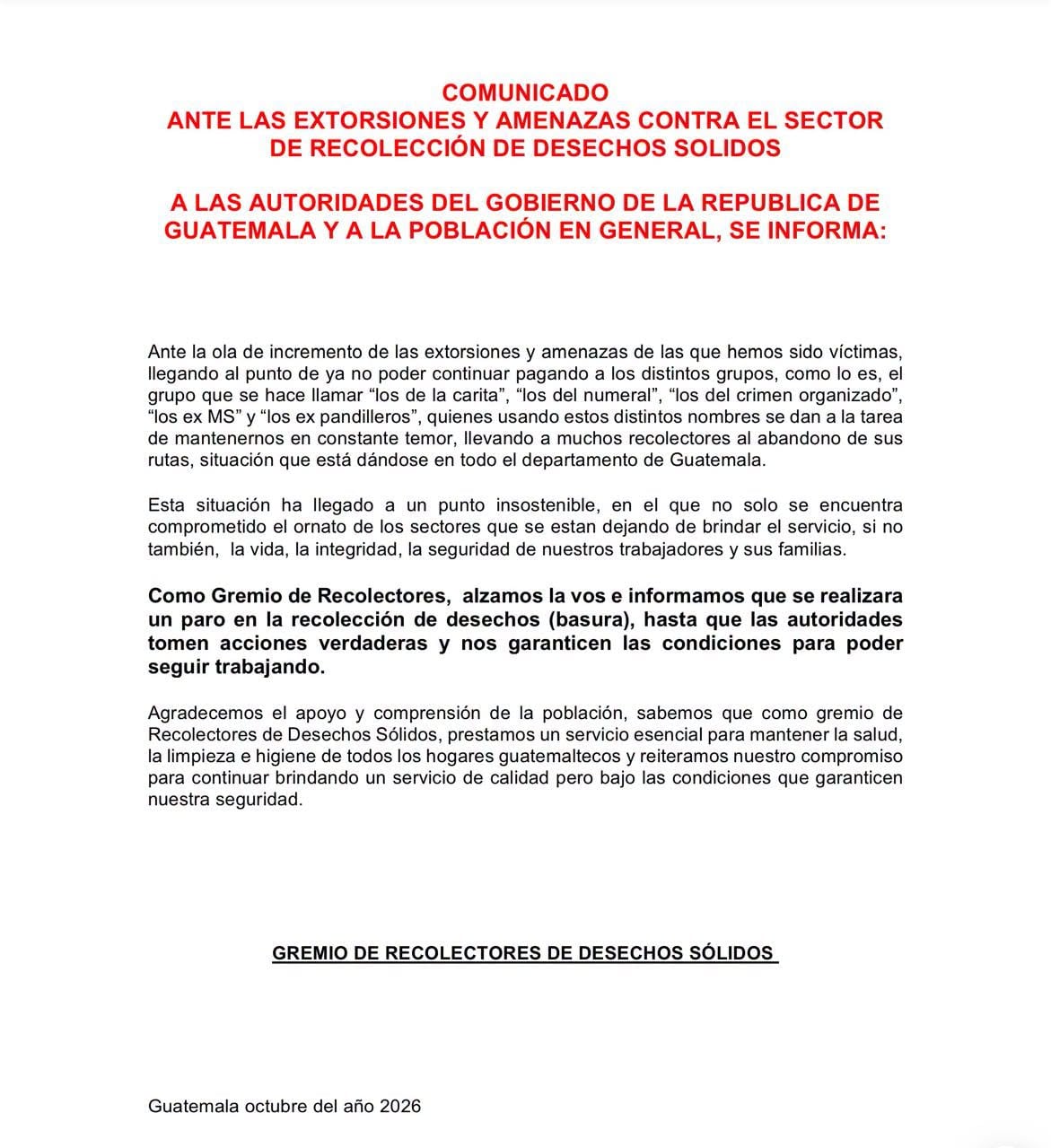 El Gremio de Recolectores de Desechos Sólidos anunció la suspensión del servicio de basura en el departamento de Guatemala ante extorsiones y ataques armados. (Redes Sociales)
