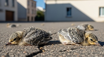 Cuatro crías de aves pequeñas, de plumaje gris y amarillo, yacen sobre asfalto agrietado con edificios difuminados al fondo bajo luz solar intensa.