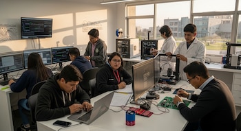Ocho estudiantes en un laboratorio. Hay computadoras, múltiples monitores, laptops, impresoras 3D y un circuito electrónico sobre una mesa blanca.