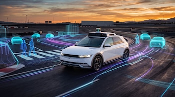 Un automóvil blanco con sensores en el techo circula en una pista al atardecer rodeado por hologramas azules de peatones y vehículos.