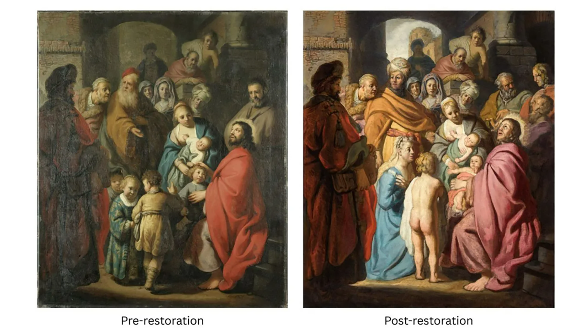 Imagen comparativa que muestra la pintura de Rembrandt antes y después de la restauración. cortesía de Sotheby’s