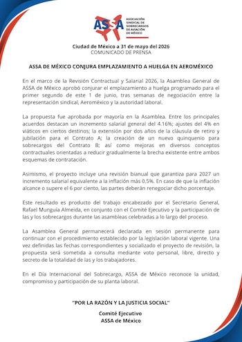 A través de un comunicado, ASSA confirmó que el emplazamiento a huelga en Aeroméxico quedó conjurado tras la aprobación del acuerdo salarial y contractual por parte de la Asamblea General.
