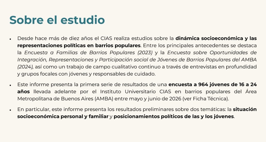 Un informe del Instituto Universitario CIAS presenta los resultados preliminares de una encuesta a 964 jóvenes de 16 a 24 años sobre su situación socioeconómica y posicionamientos políticos en barrios populares del AMBA.