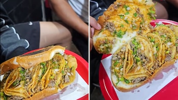 La “Taquitorta” se vuelve viral en CDMX y sorprende por su enorme combinación de tacos y torta