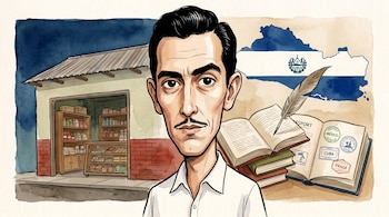 Caricatura en acuarela digital de Roque Dalton, de medio cuerpo, con camisa blanca. Fondo con una tienda a la izquierda y libros, pluma, pasaporte y mapa de El Salvador a la derecha.