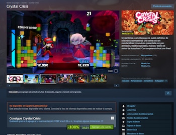 Captura de pantalla de la tienda Steam con la ficha técnica, imágenes de partida y textos explicativos del videojuego Crystal Crisis de Nicalis
