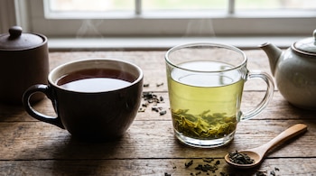 Una taza de té negro humeante, un vaso de té verde con hojas, una cuchara de madera con té seco, una tetera y un recipiente, sobre una mesa rústica frente a una ventana.