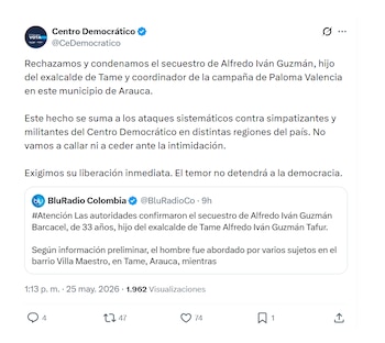 Centro Democrático rechazó secuestro de coordinador de campaña en Arauca