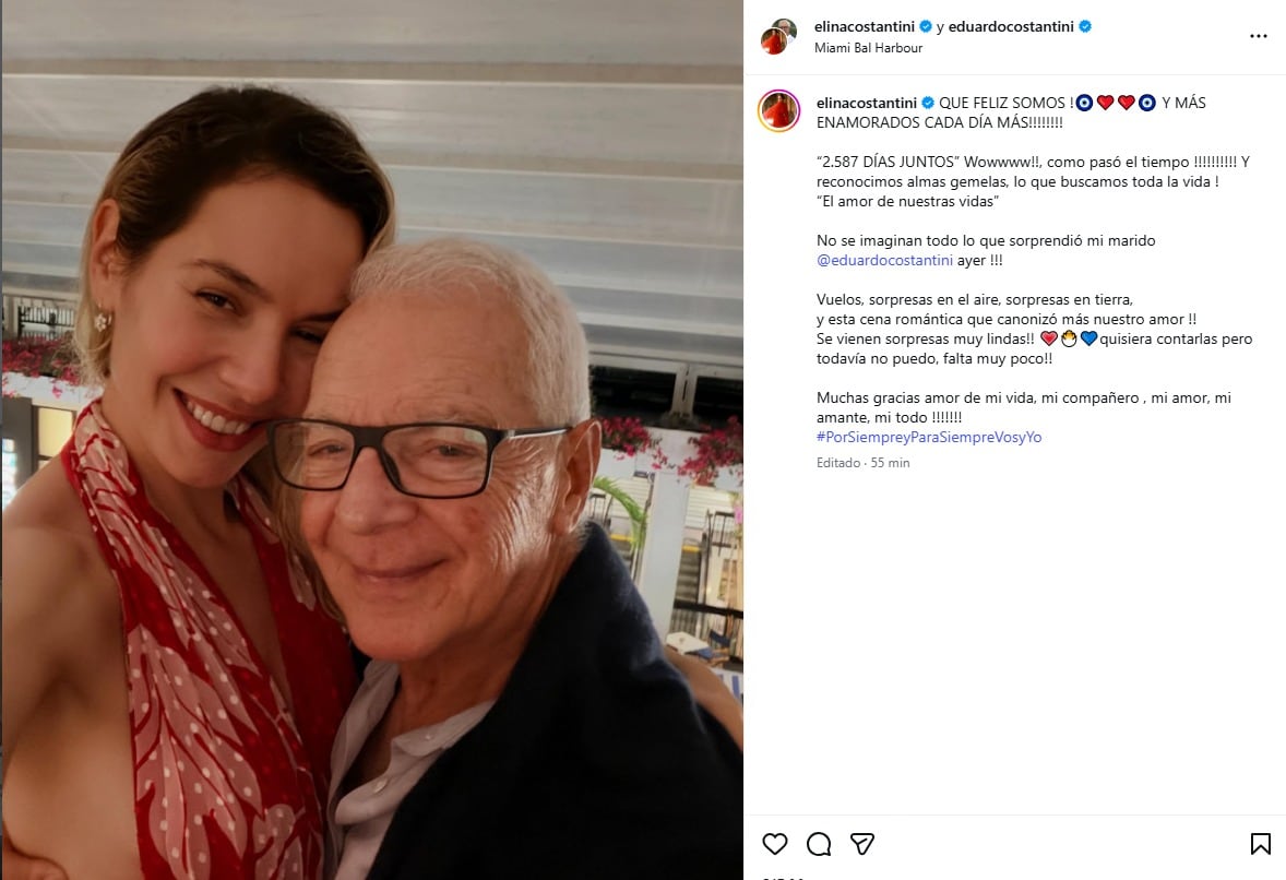 Elina y Eduardo Costantini posan sonrientes y abrazados, celebrando 2587 días de su unión y el profundo amor que los conecta