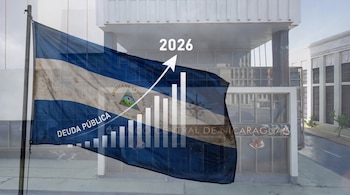 Bandera de Nicaragua y edificio con 'Banco Central de Nicaragua'. Gráfico de barras y flecha ascendente con 'Deuda Pública' y '2026'.
