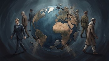 Una ilustración muestra un globo terráqueo fragmentándose con continentes desprendiéndose mientras seis figuras humanas vestidas con trajes diversos caminan alejándose.