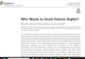 Captura de pantalla de un artículo científico en línea de "frontiers in Robotics and AI" titulado "¿Quién quiere otorgar derechos a los robots?"
