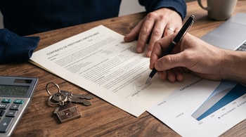 Una mano firma un documento sobre un escritorio junto a una calculadora, un gráfico de datos y llaves con un llavero con forma de casa.