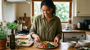 Una mujer en una cocina coloca ingredientes en un plato con salmón, aguacate, espinacas y tomates.