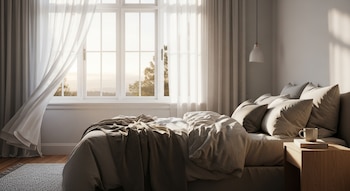 Una ventana grande con cortinas transparentes deja pasar la luz suave de la mañana a un dormitorio con una cama hecha, almohadas y una mesita de noche con una taza.