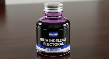 Frasco negro de tapa plateada con tinta morada, etiqueta con la bandera de El Salvador y el texto TINTA INDELEBLE ELECTORAL, sobre una mesa de madera.