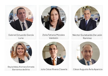 Una cuadrícula de seis retratos circulares de personas adultas. Debajo de cada retrato, sus nombres completos están escritos en texto negro