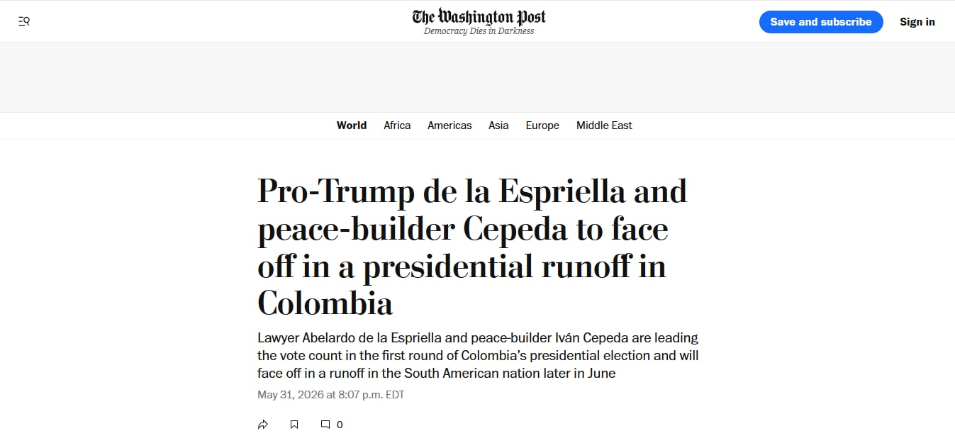 Publicación The Washington Post sobre las Elecciones en Colombia - crédito The Washington Post
